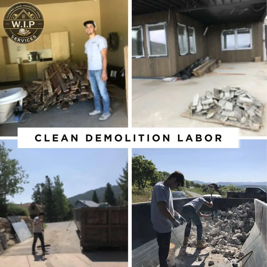 W.I.P Services crew members hauling demolition debris to a dumpster on a Utah jobsite