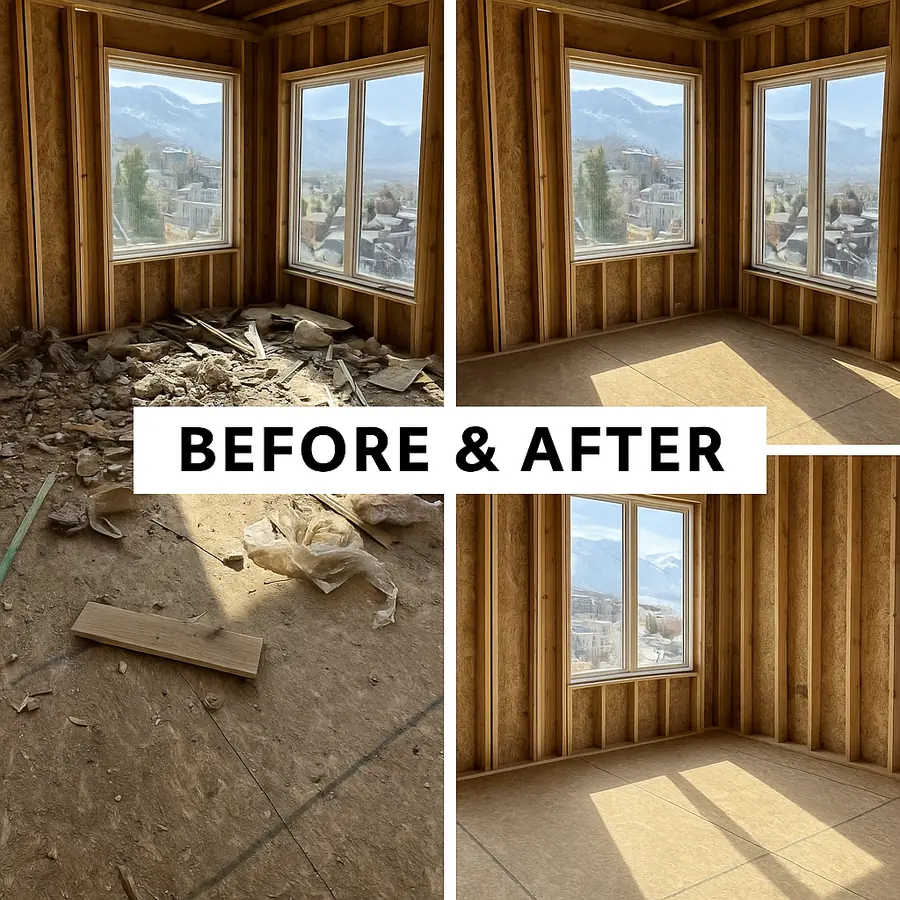 Before and after a W.I.P Services rough clean in a framed Utah home with mountain views