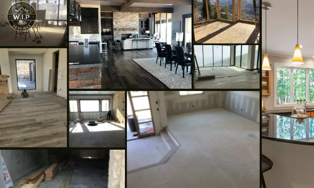 Collage of W.I.P Services crews cleaning Park City custom homes at rough and final stages