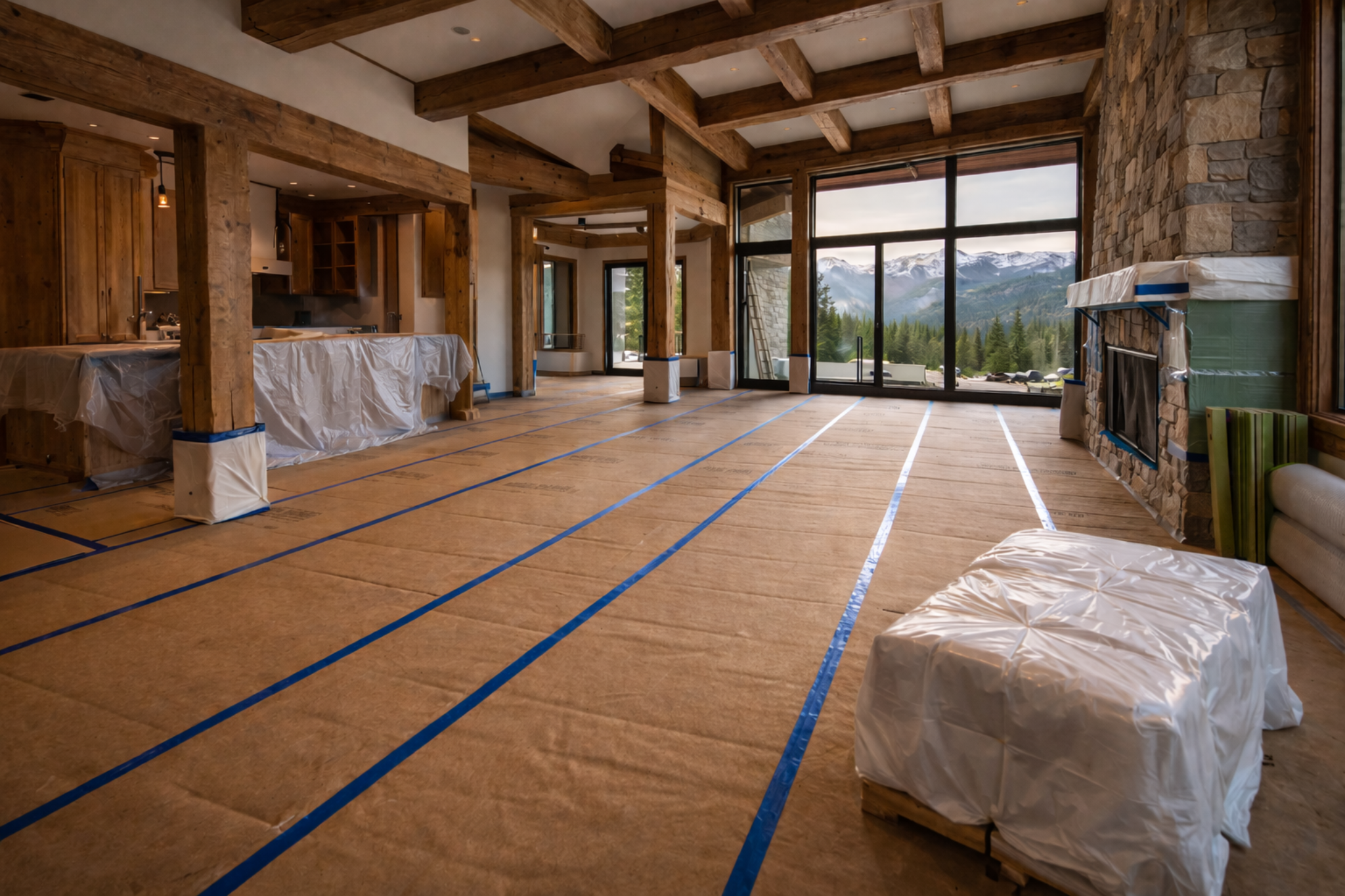 Luxury custom home interior protected with ram board and surface protection during final construction cleaning in Utah